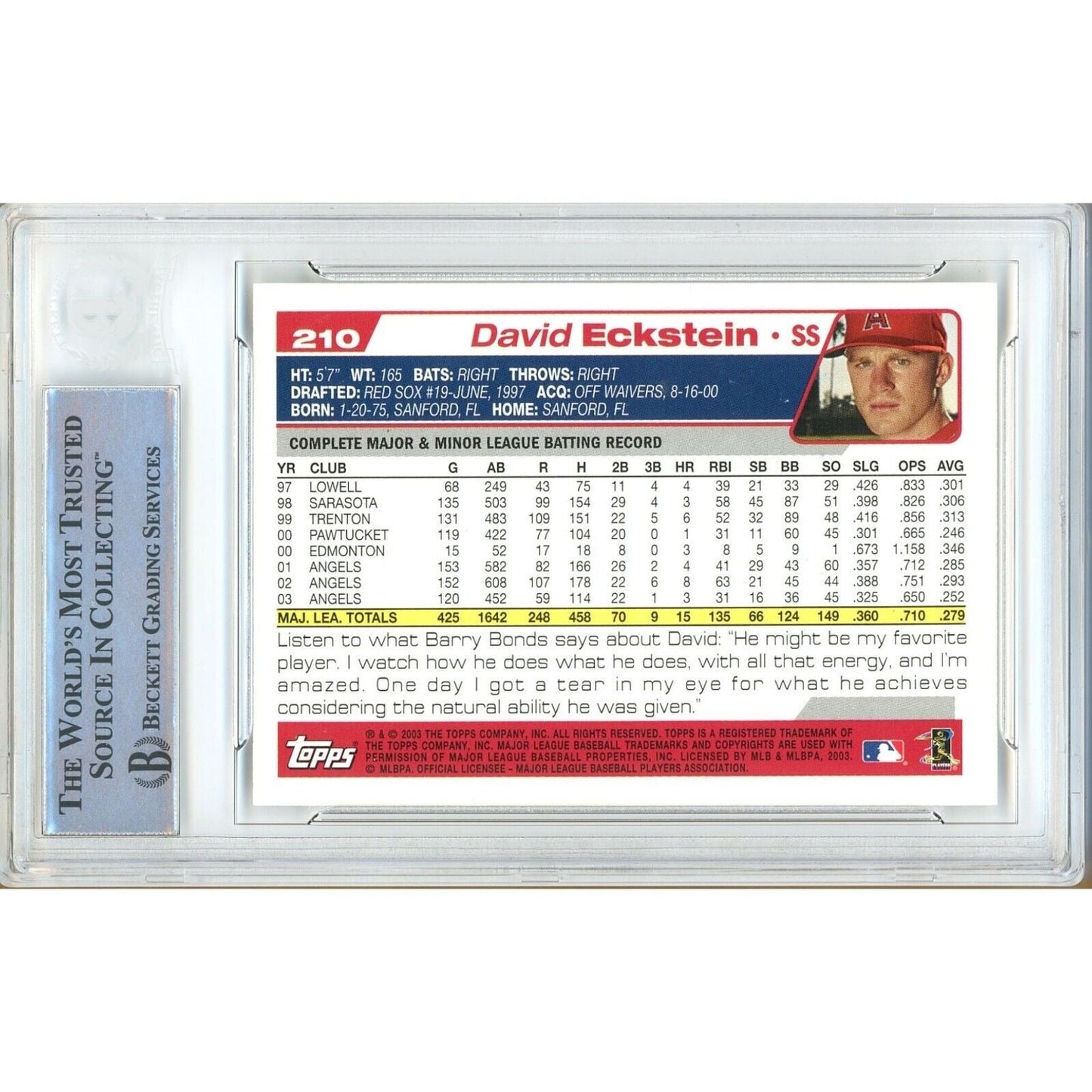 2004 Topps #210 — David Eckstein Anaheim Angels Autographed Trading Card — Beckett Authentication