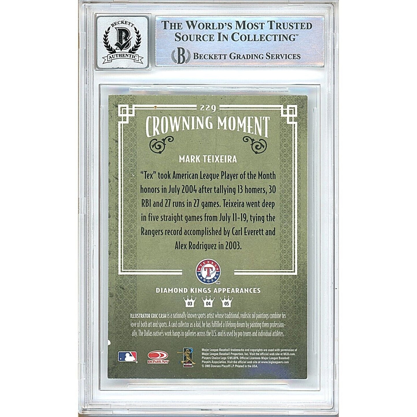 Mark Teixeira Texas Rangers Signed 2005 Diamond Kings Card BGS Auto 10 Graded Slab