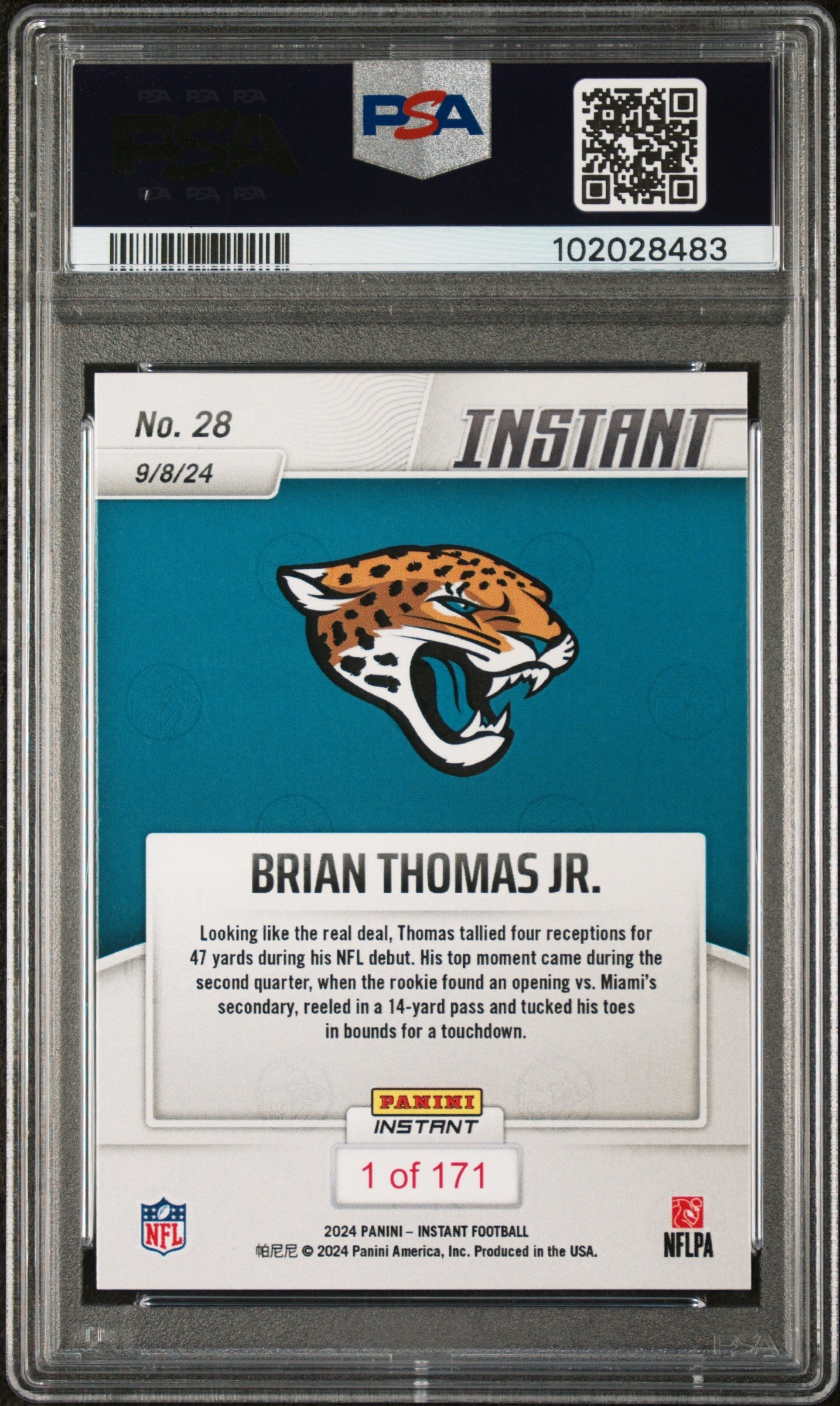Graded 2024 Panini Instant NFL Brian Thomas Jr #28 Rookie RC Football Card PSA 9 Mint