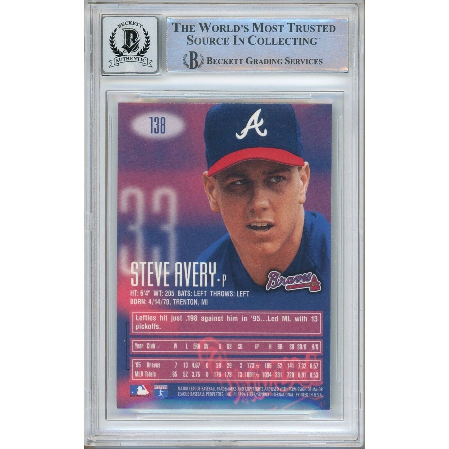 Steve Avery Atlanta Braves Signed 1996 Emotion-XL Card Beckett Auth BGS Auto 10 Graded