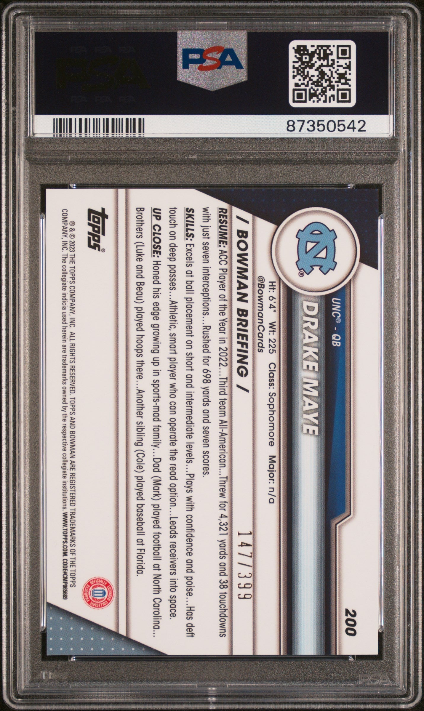 Graded 2023 Topps Bowman U Chrome Drake Maye #200 Purple Mini Diamond #/399 Rookie RC Football Card PSA 10 Gem Mint