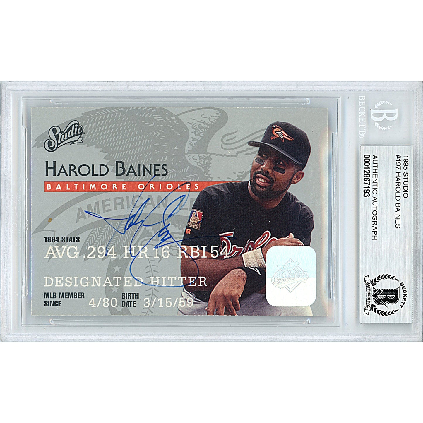 1995 Donruss Studio #197— Harold Baines Baltimore Orioles Autographed Trading Card — Beckett Authentication