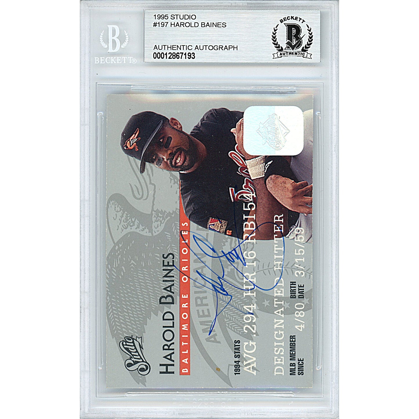 1995 Donruss Studio #197— Harold Baines Baltimore Orioles Autographed Trading Card — Beckett Authentication