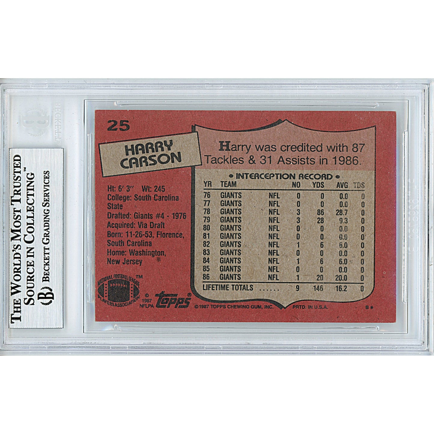 1987 Topps #25 — Harry Carson New York Giants Autographed Trading Card — Beckett Authentication
