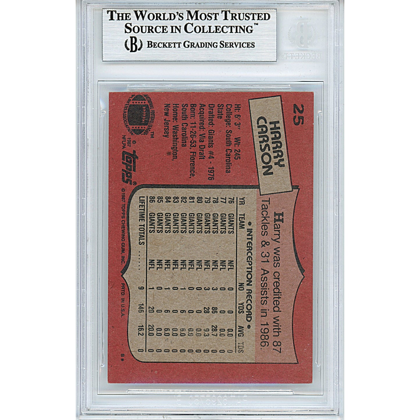 1987 Topps #25 — Harry Carson New York Giants Autographed Trading Card — Beckett Authentication