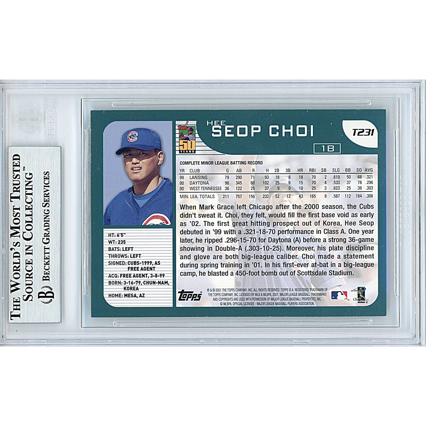 2001 Topps Traded #T231— Hee Seop Choi Chicago Cubs Autographed Trading Card — Beckett Authentication