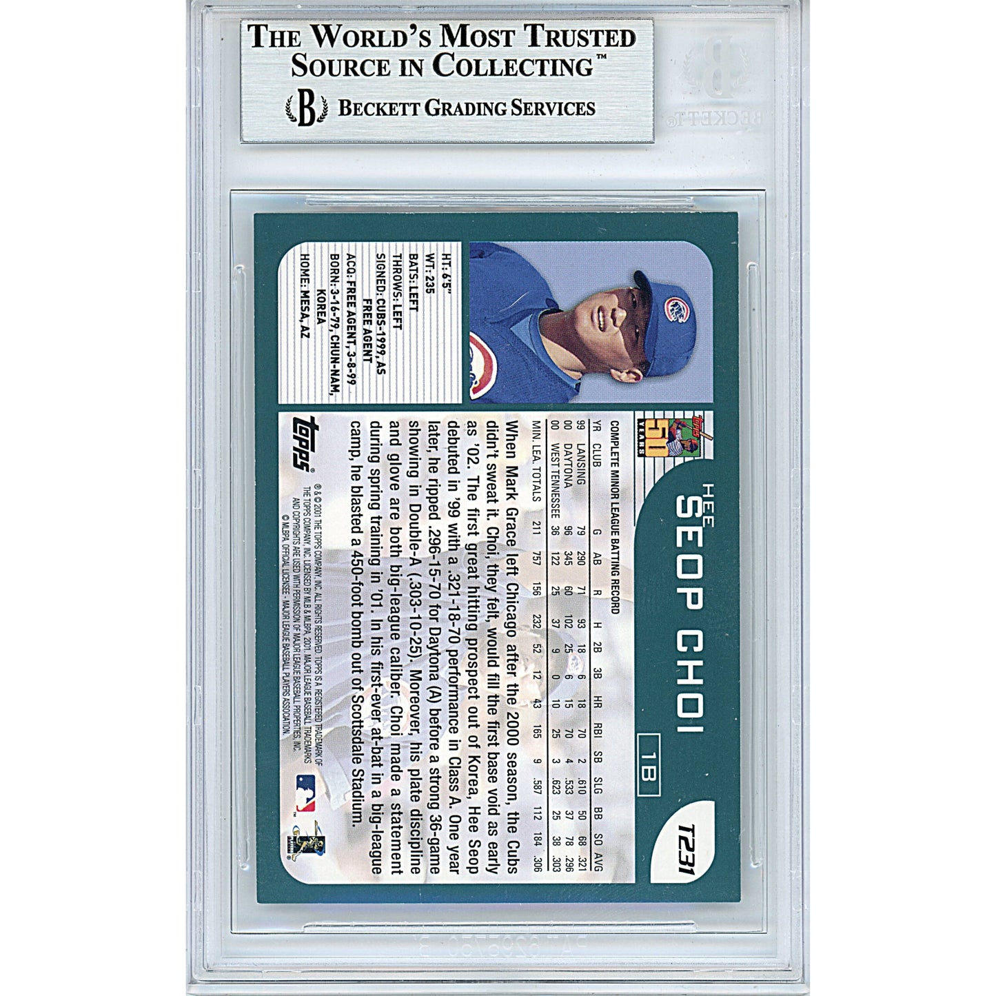 2001 Topps Traded #T231— Hee Seop Choi Chicago Cubs Autographed Trading Card — Beckett Authentication