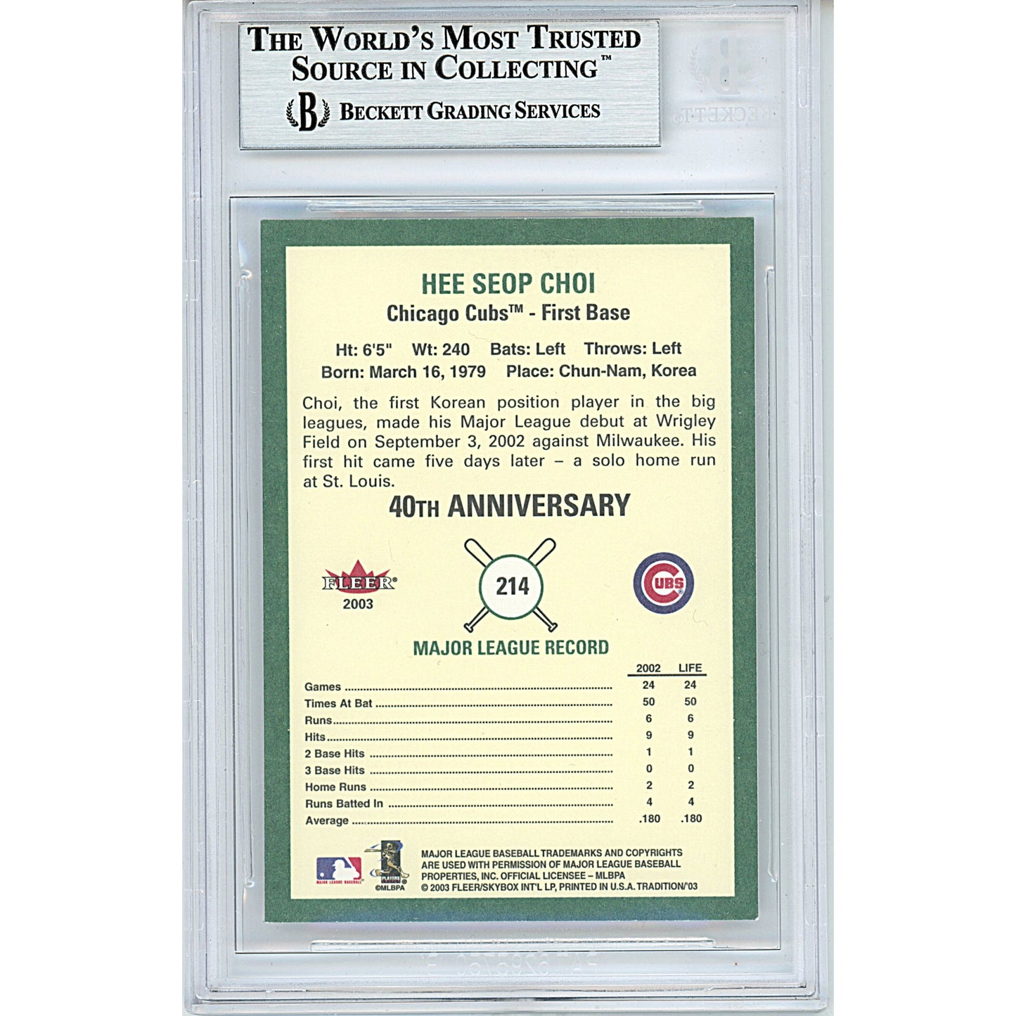 2003 Fleer Tradition #214 — Hee Seop Choi Chicago Cubs Autographed Trading Card — Beckett Authentication