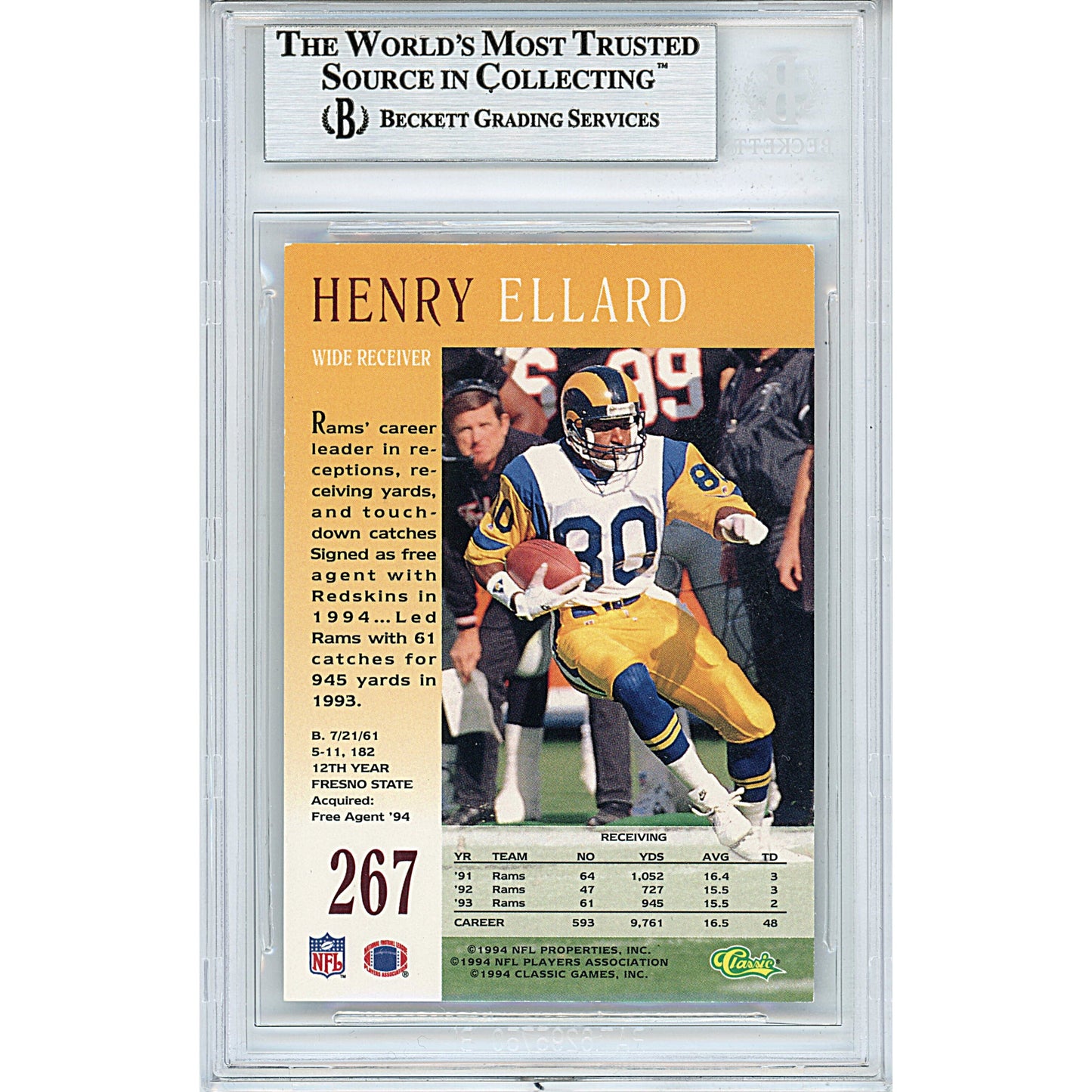 1994 Classic #267 — Henry Ellard LA Rams Autographed Trading Card — Beckett Authentication