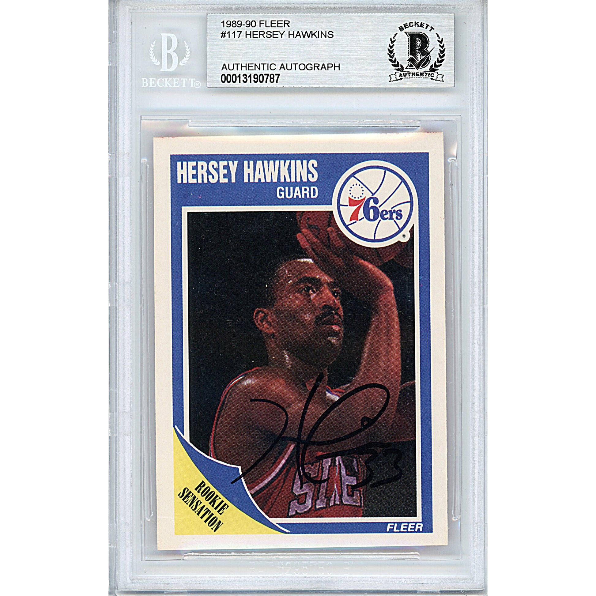 1989-90 Fleer #117— Hersey Hawkins Philadelphia 76ers Autographed Trading Card — Beckett Authentication - Sport Cards