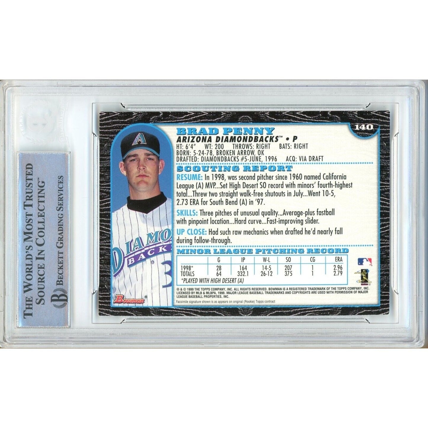 1999 Bowman International #140 — Brad Penny AZ Diamondbacks Autographed Trading Card — Beckett Authentication
