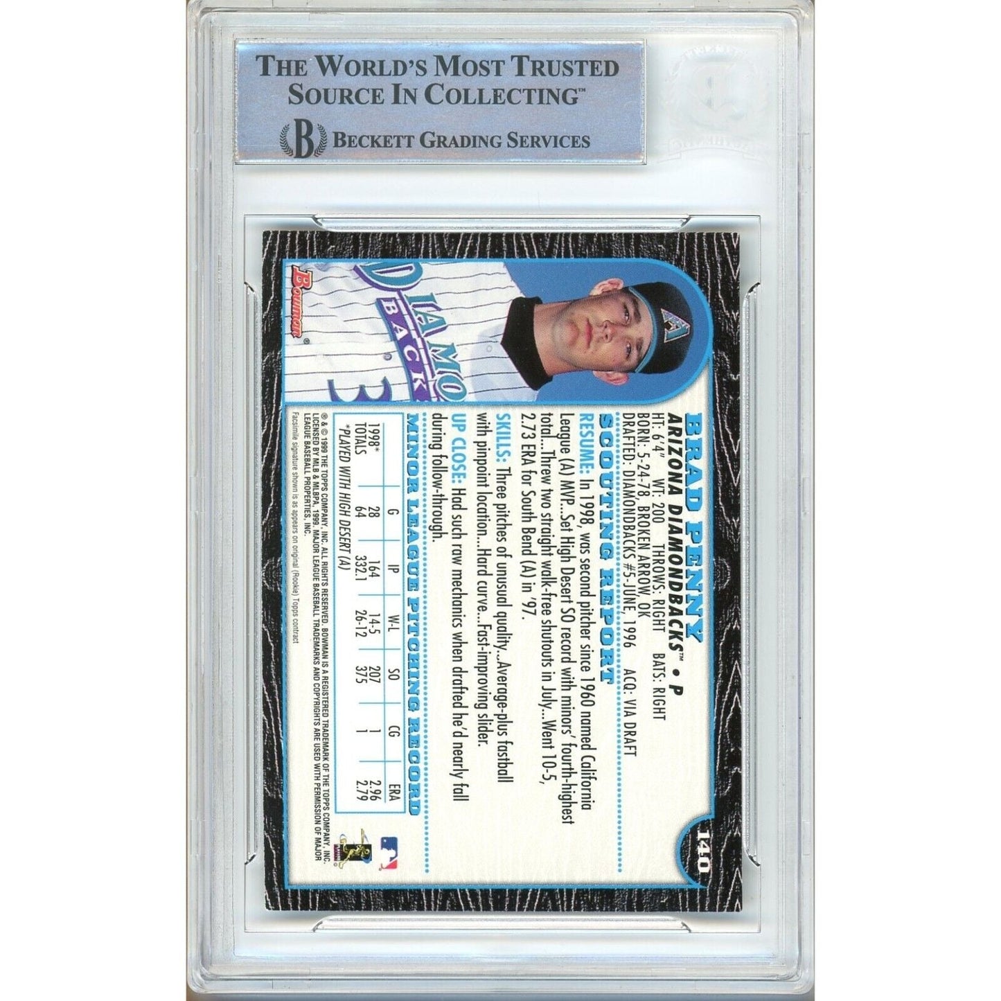 1999 Bowman International #140 — Brad Penny AZ Diamondbacks Autographed Trading Card — Beckett Authentication
