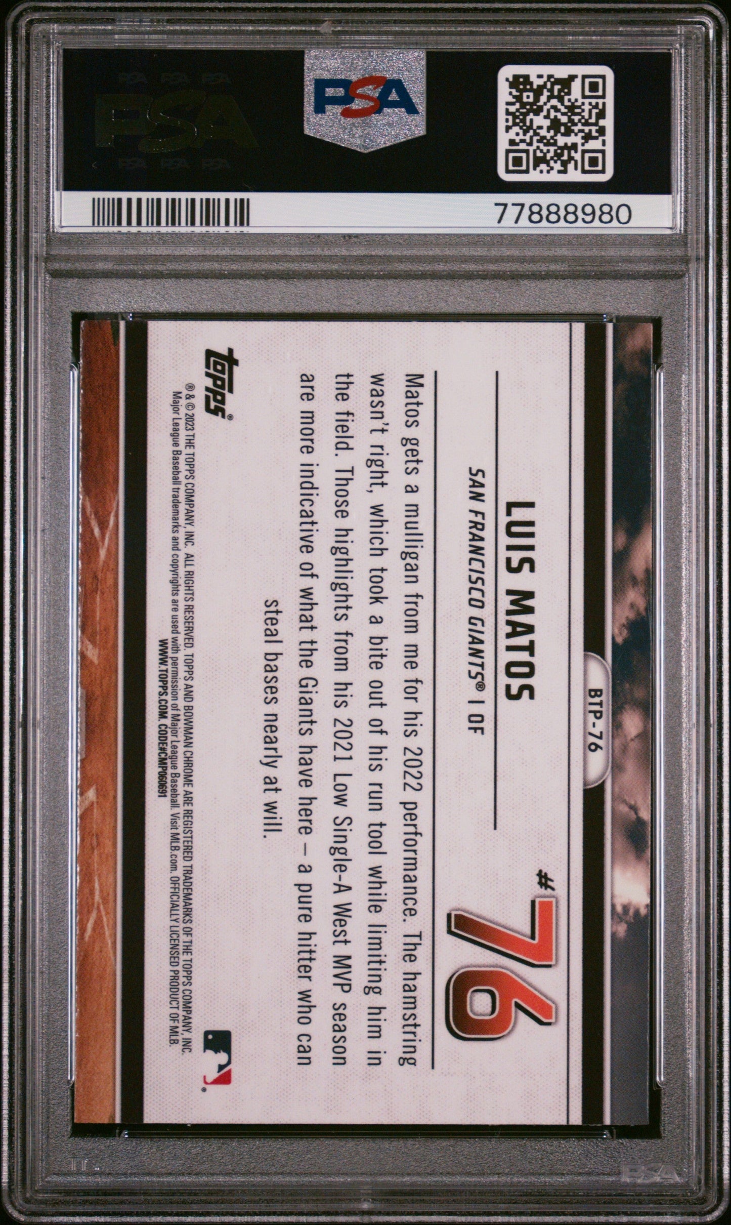 Graded 2023 Topps Bowman Luis Matos #BTP76 Scouts Top 100 Rookie RC Baseball Card PSA 10 Gem Mint
