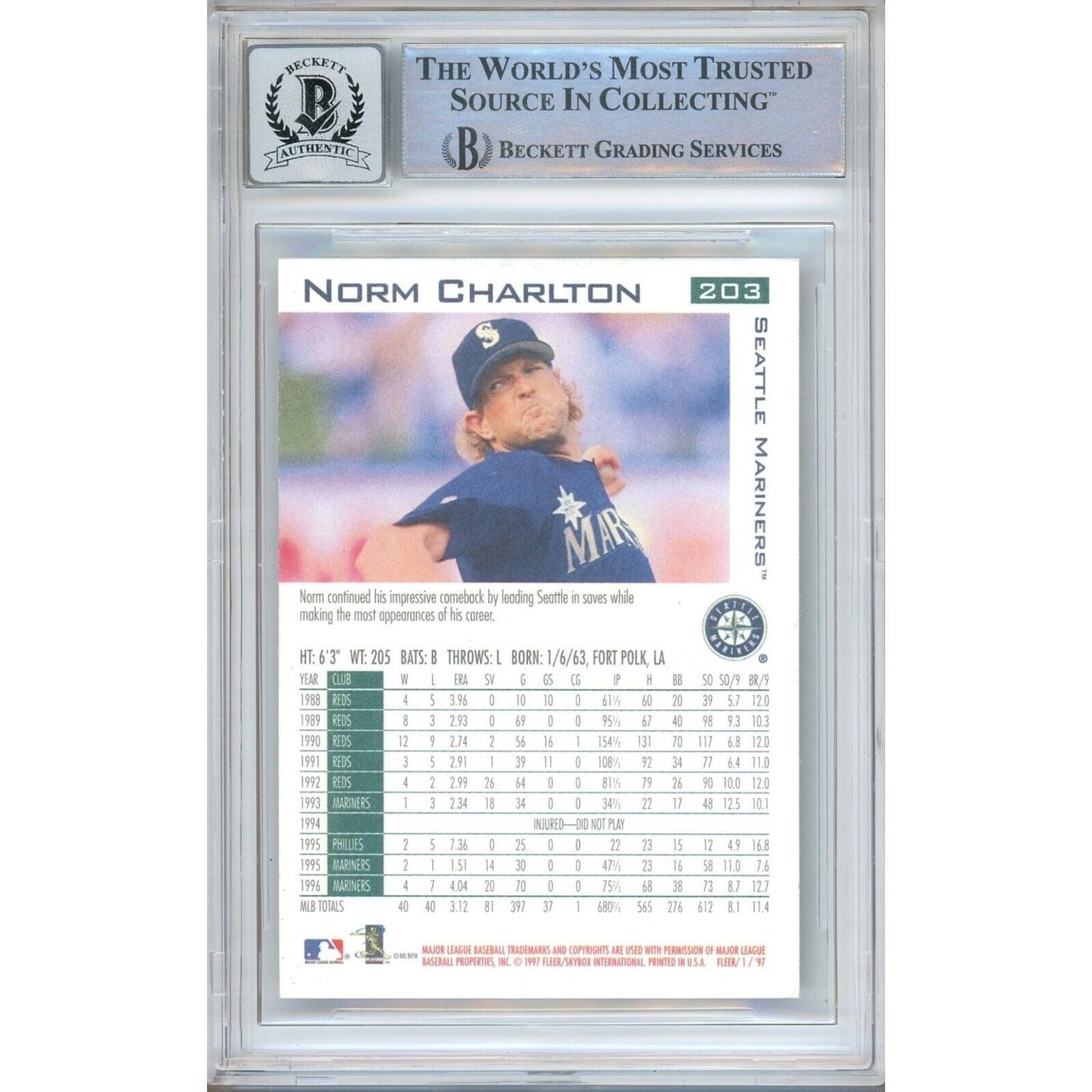 Norm Charlton Seattle Mariners Signed 1997 Fleer Baseball Card BGS Auto 10 Graded Slab