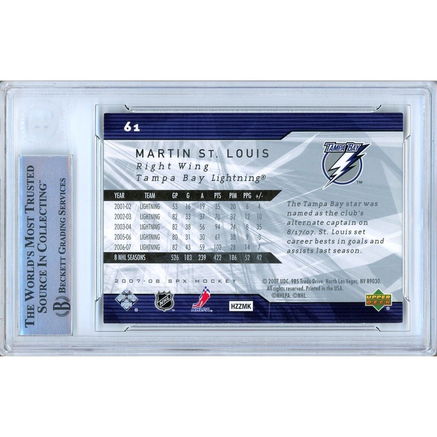 Martin St Louis Tampa Bay Lightning Signed 2007-08 UD SPx Card BAS Auth Auto Slab HOF