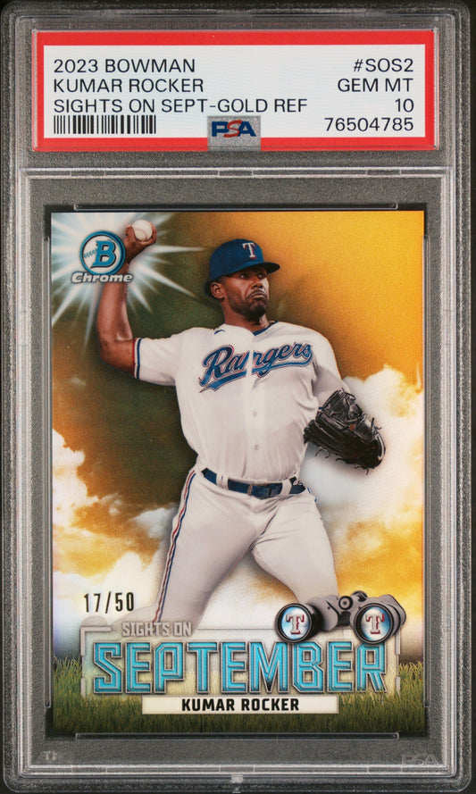Graded 2023 Topps Bowman Kumar Rocker #SOS2 Sights on September Gold Refractor #/50 Rookie RC Baseball Card PSA 10 Gem Mint