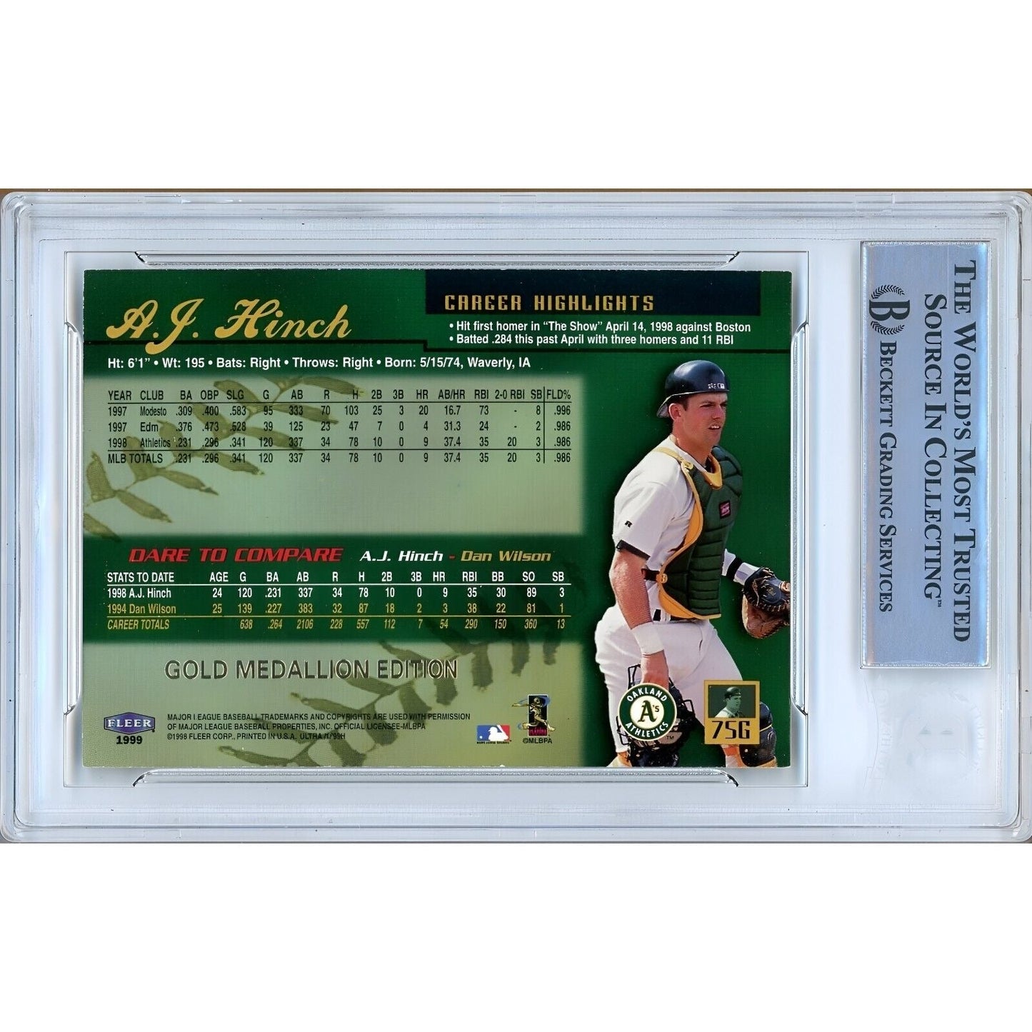 1999 Fleer Ultra Gold Medallion #75 — AJ Hinch Oakland Athletics Autographed Trading Card — Beckett Authentication