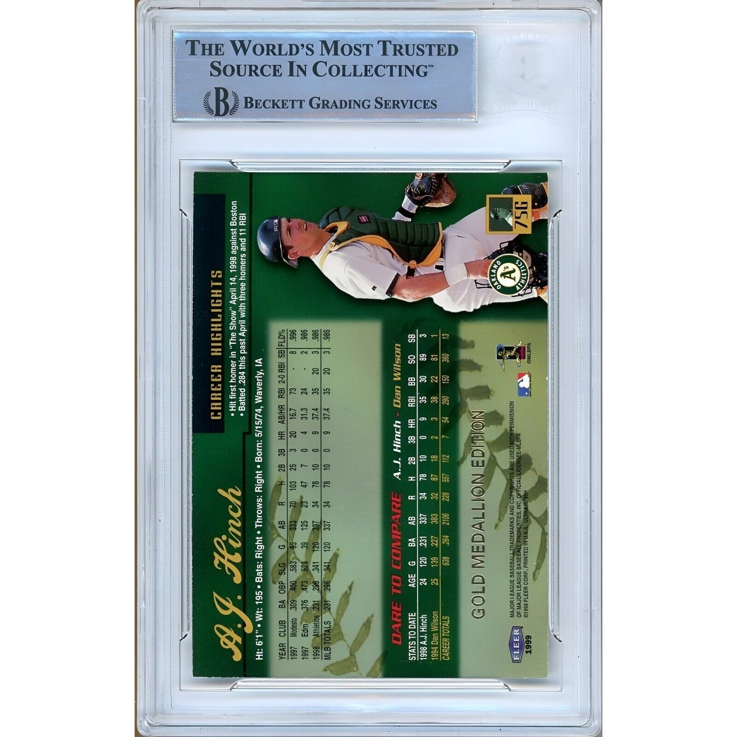 1999 Fleer Ultra Gold Medallion #75 — AJ Hinch Oakland Athletics Autographed Trading Card — Beckett Authentication