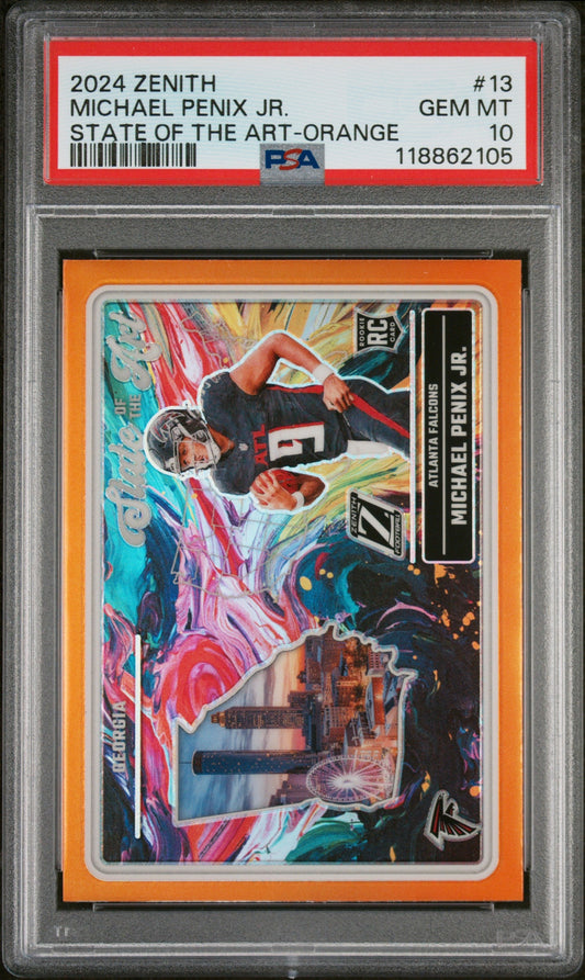 Graded 2024 Panini Zenith Michael Penix Jr #13 State of the Art Orange Rookie RC Football Card PSA 10 Gem Mint