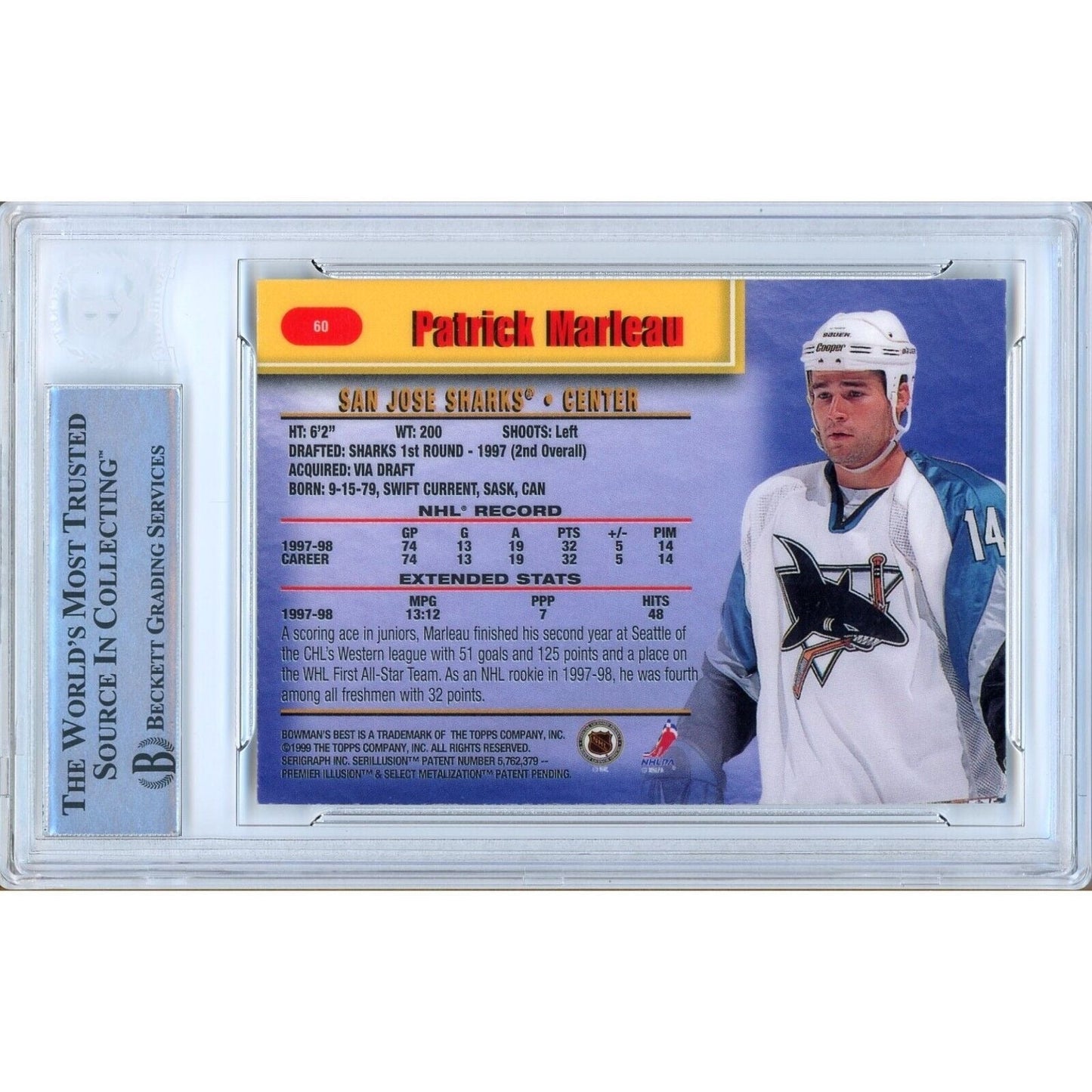 Patrick Marleau San Jose Sharks Signed 1998-99 Bowmans Best Card BAS Auth Auto Slab