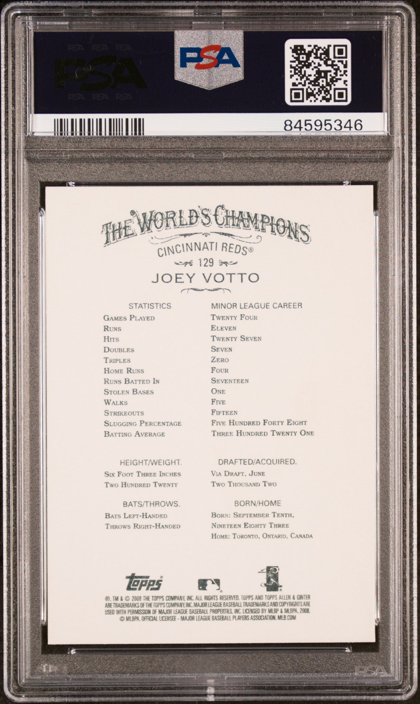 Graded 2008 Topps Allen & Ginter Joey Votto #129 Rookie RC Baseball Card PSA 10 Gem Mint