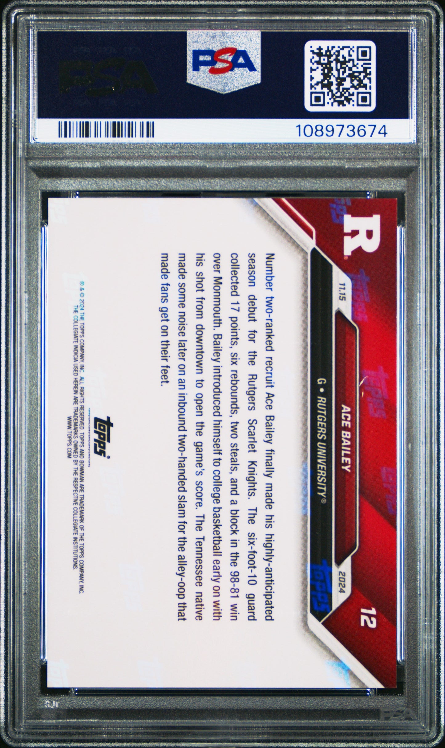 Graded 2024 Topps Bowman U Now Ace Bailey #12 Rookie RC Basketball Card PSA 10 Gem Mint - Sport Cards