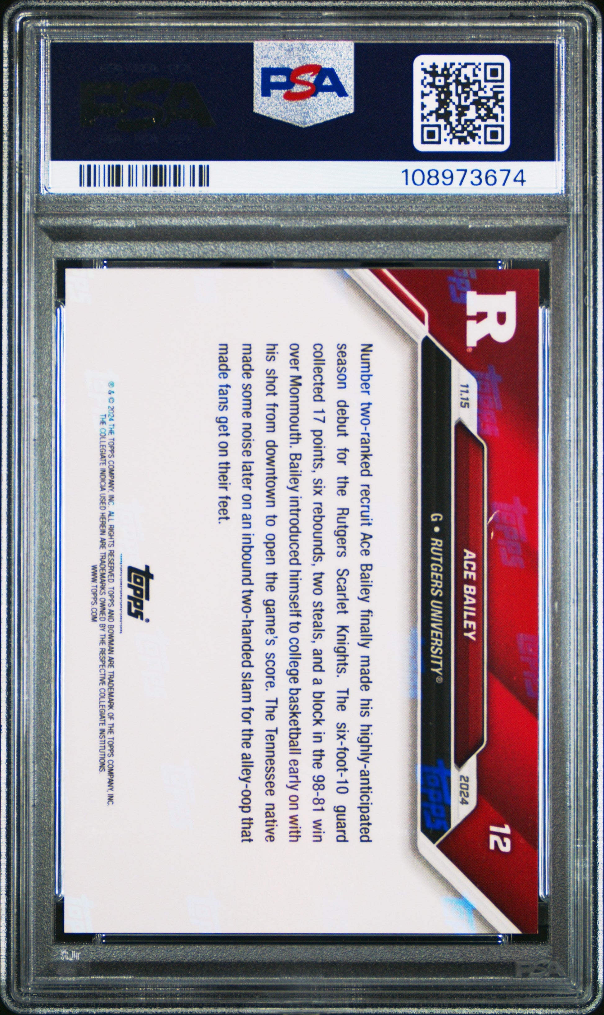 Graded 2024 Topps Bowman U Now Ace Bailey #12 Rookie RC Basketball Card PSA 10 Gem Mint - Sport Cards