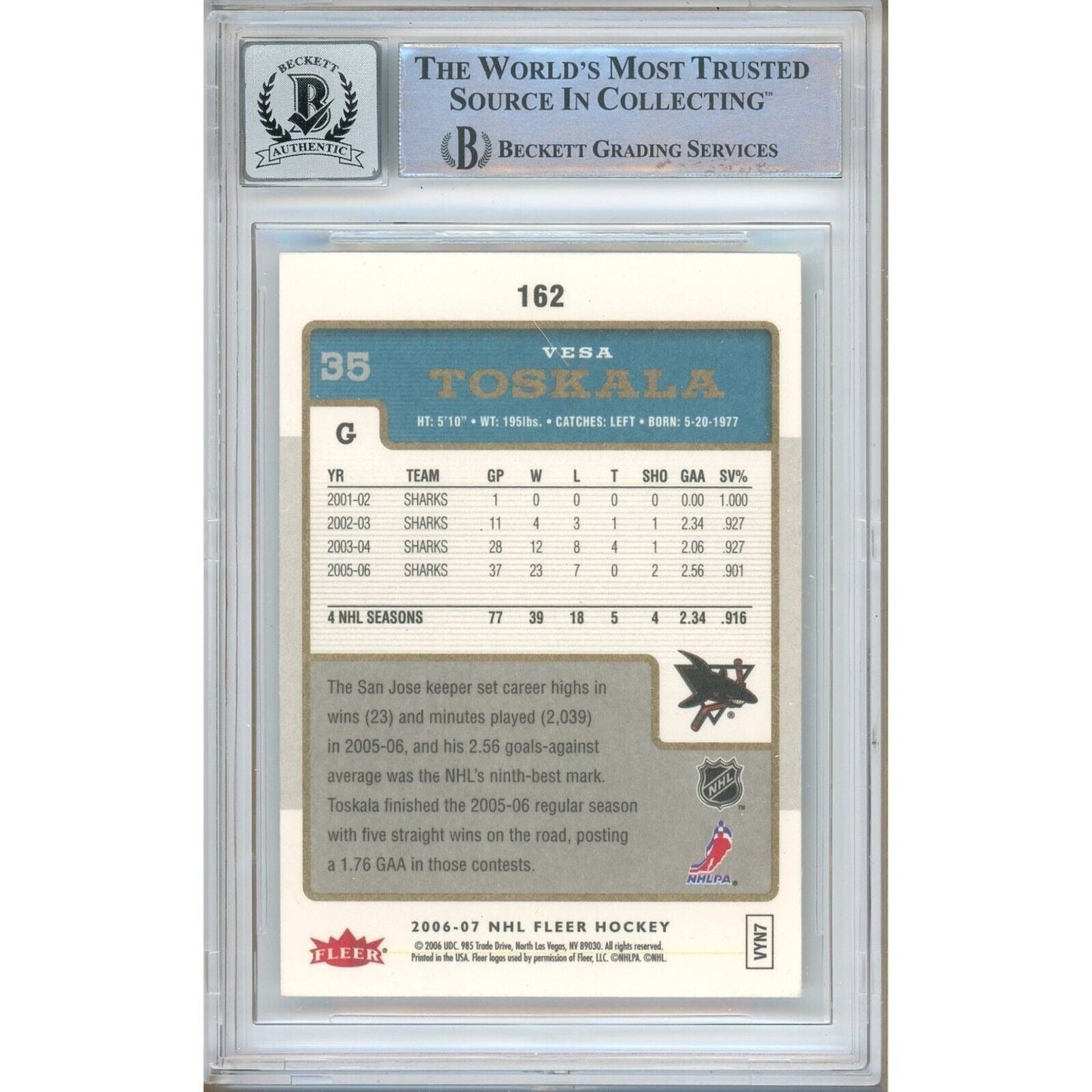 Vesa Toskala San Jose Sharks Signed 2006-07 Fleer Hockey Card BGS Auto 10 Graded Slab