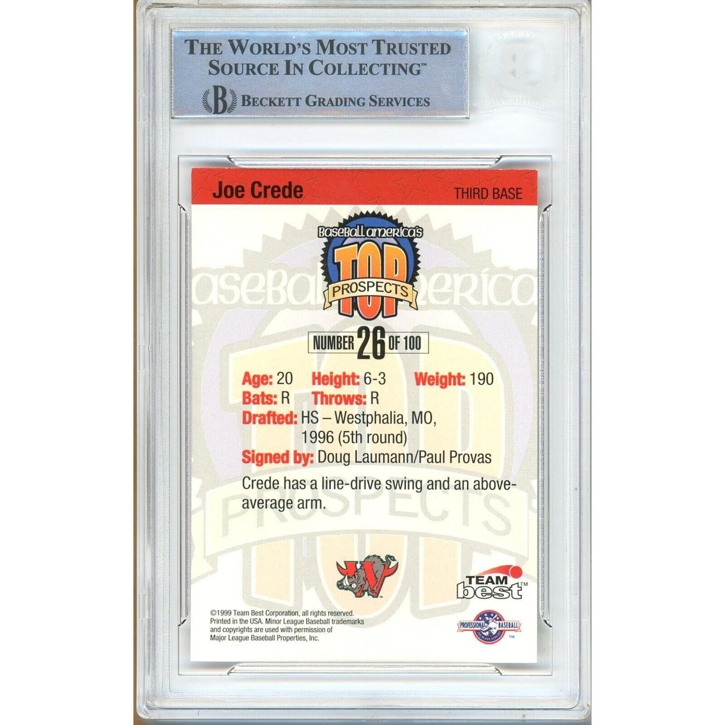 1999 Team Best #te — Joe Crede Chicago White Sox Autographed Trading Card — Beckett Authentication