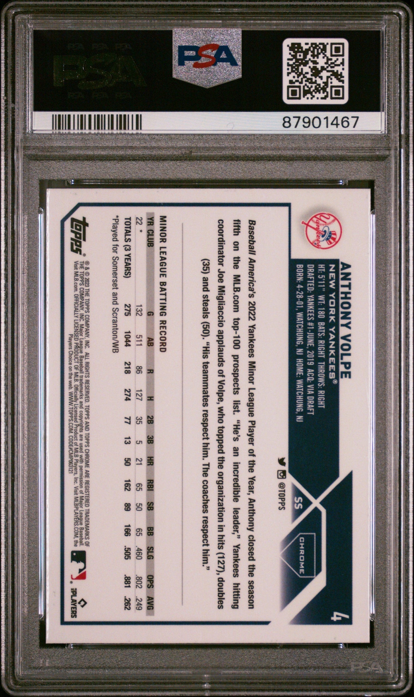 Graded 2023 Topps Chrome Anthony Volpe #4 Rookie RC Baseball Card PSA 10 Gem Mint