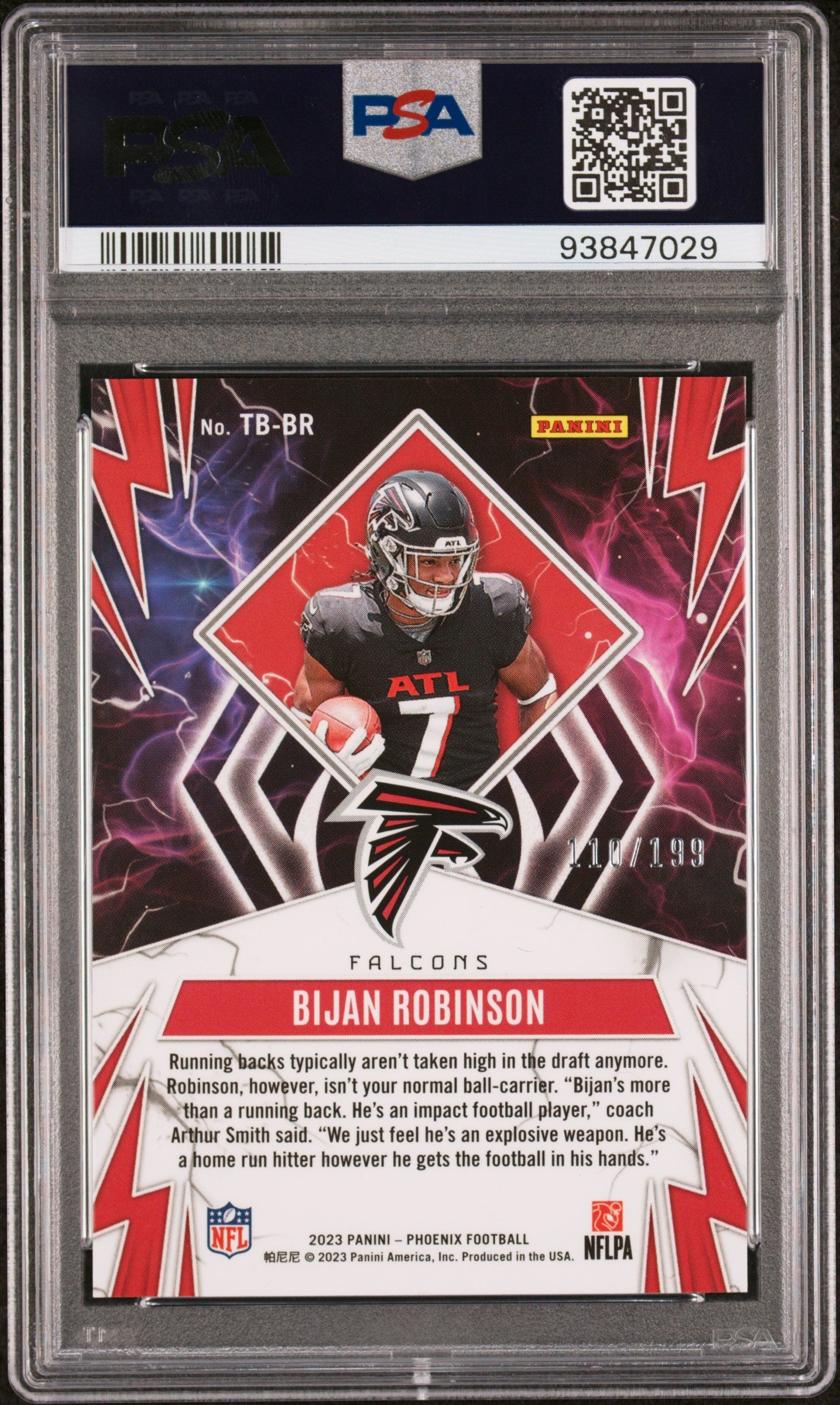 Graded 2023 Panini Phoenix Bijan Robinson #TBBR1 Thunderbirds Red #/199 Rookie RC Football Card PSA 10 Gem Mint