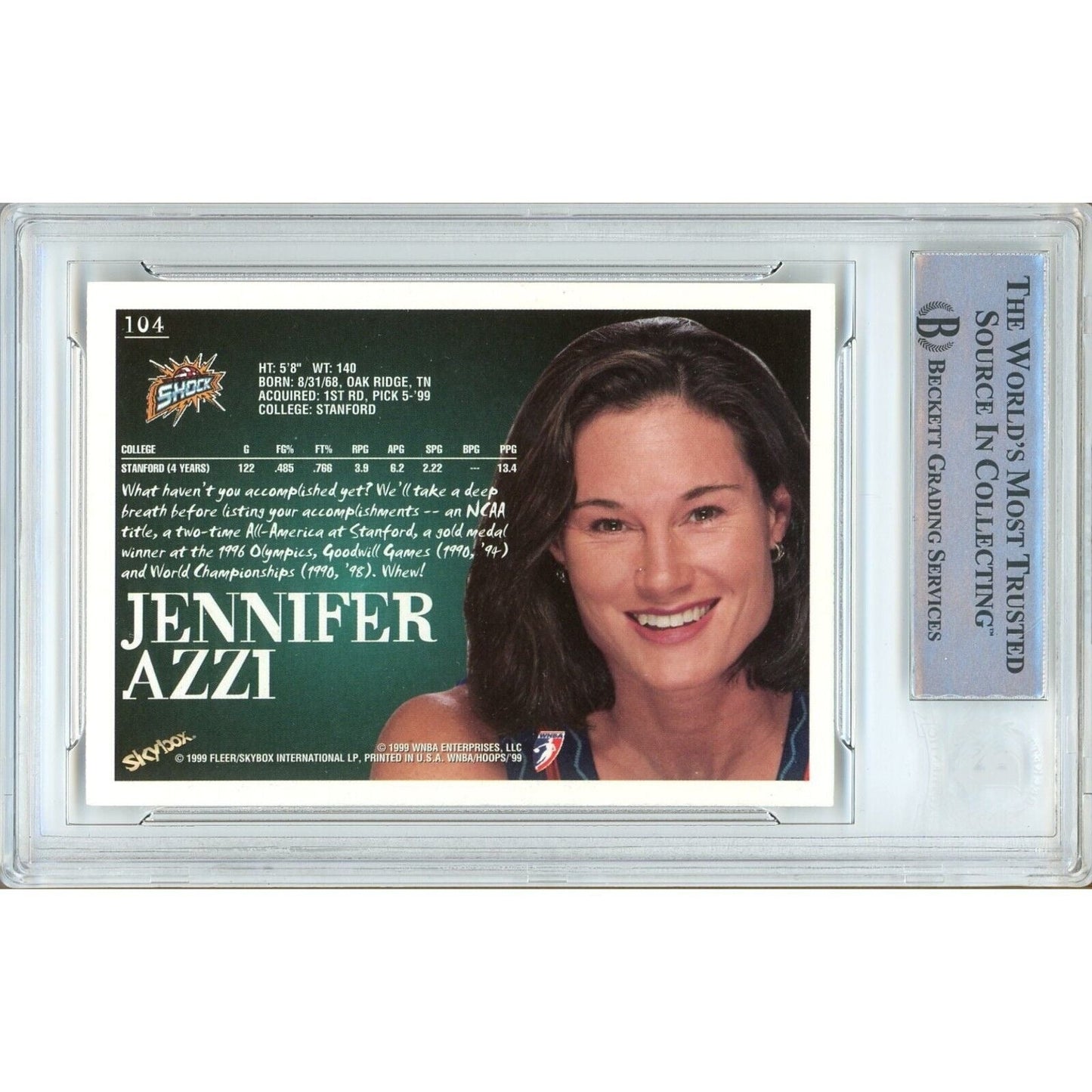 1999 Hoops WNBA #104 — Jennifer Azzi Detroit Shock Autographed Basketball Trading Card Beckett Authentication