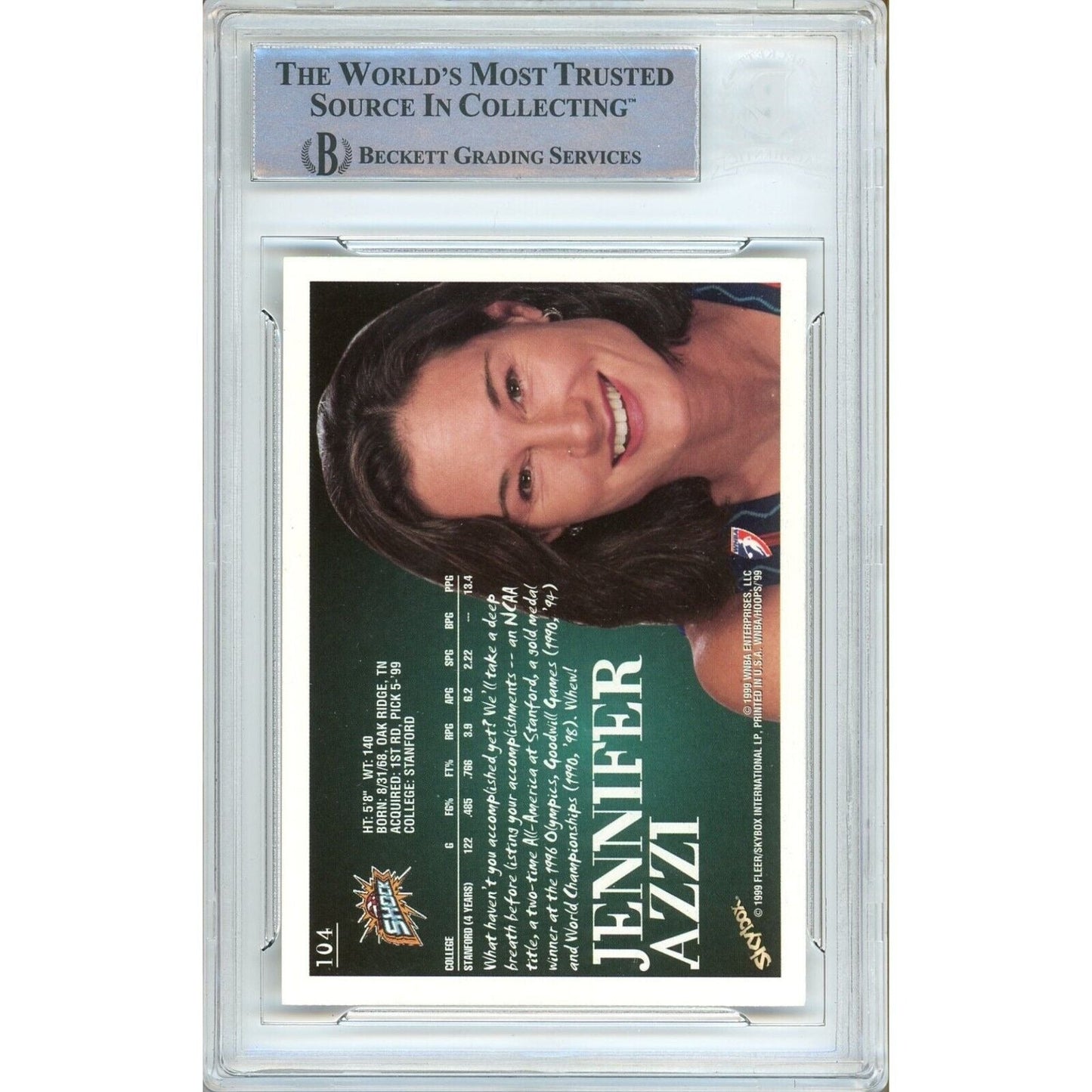 1999 Hoops WNBA #104 — Jennifer Azzi Detroit Shock Autographed Basketball Trading Card Beckett Authentication