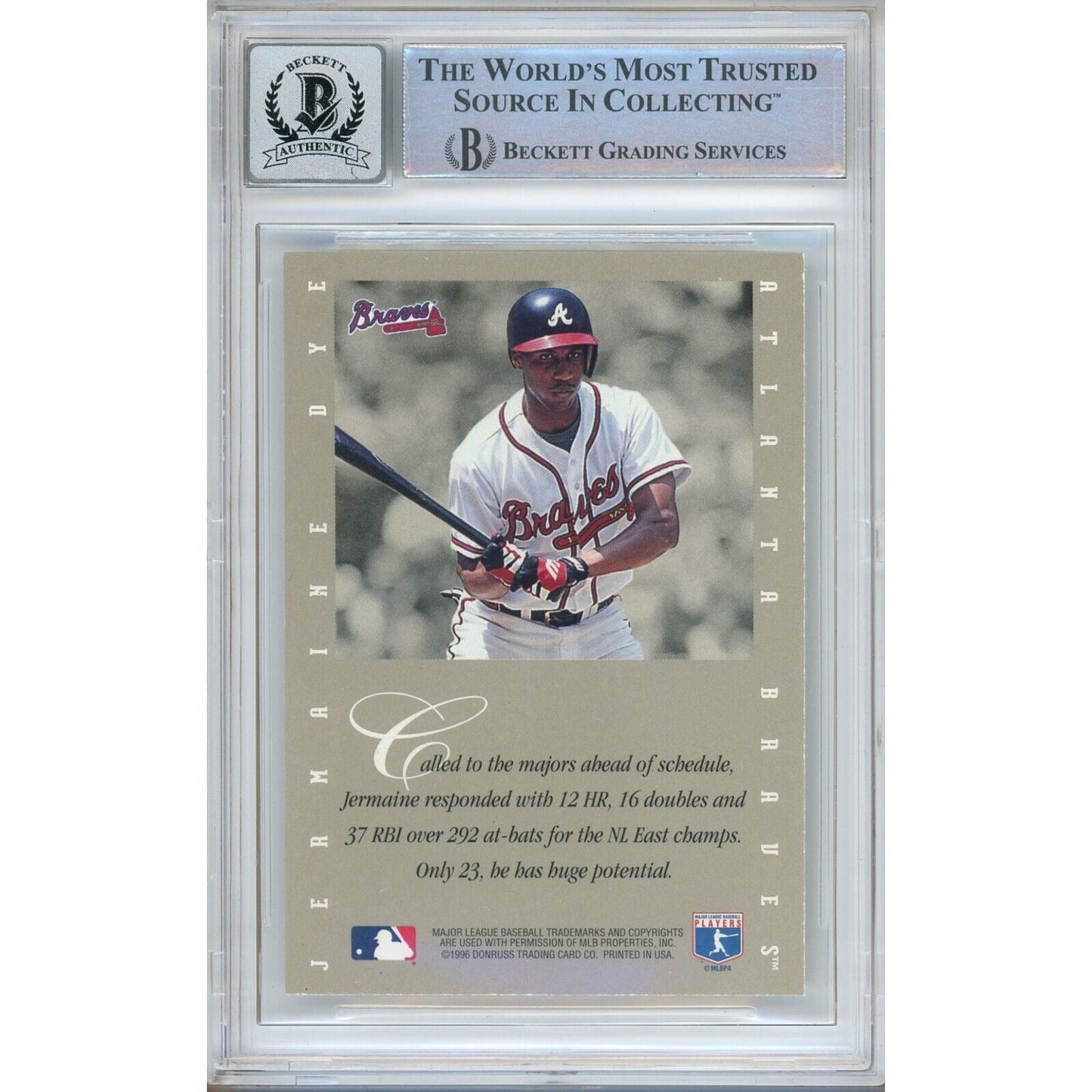1996 Leaf — Jermaine Dye Atlanta Braves Atlanta Braves Autographed Trading Card — Beckett Authentication