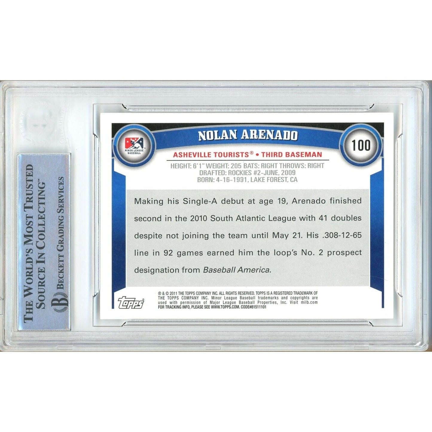 Nolan Arenado St Louis Cardinals Signed 2011 Topps Pro Debut Card Beckett Auth Auto Slab