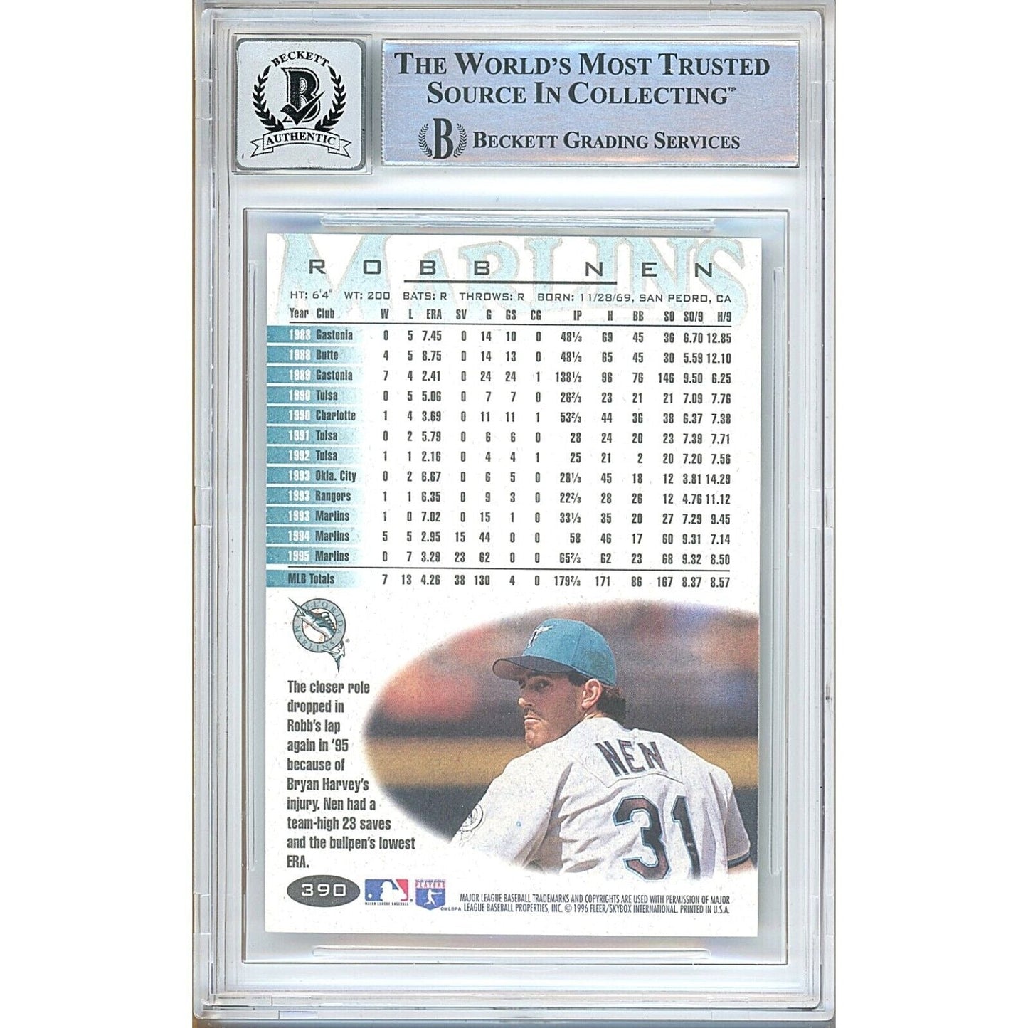 Robb Nen Florida Marlins Signed 1996 Fleer Baseball Card Beckett BGS Auto-10 Graded Slab