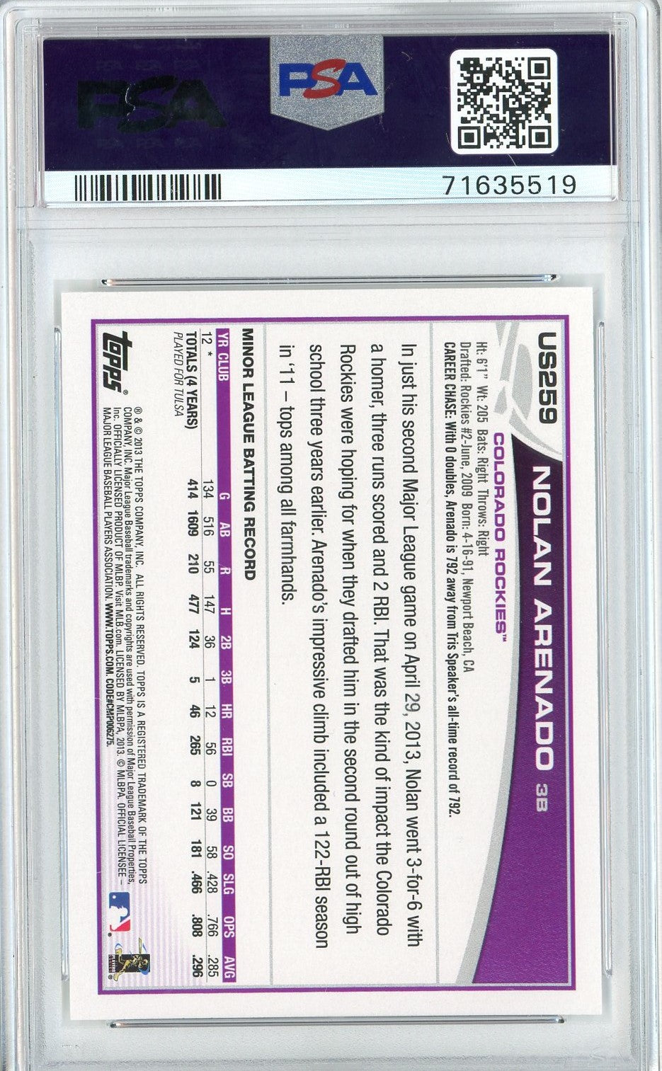 Graded 2013 Topps Update Nolan Arenado #US259 Rookie RC Baseball Card PSA 10 Gem Mint