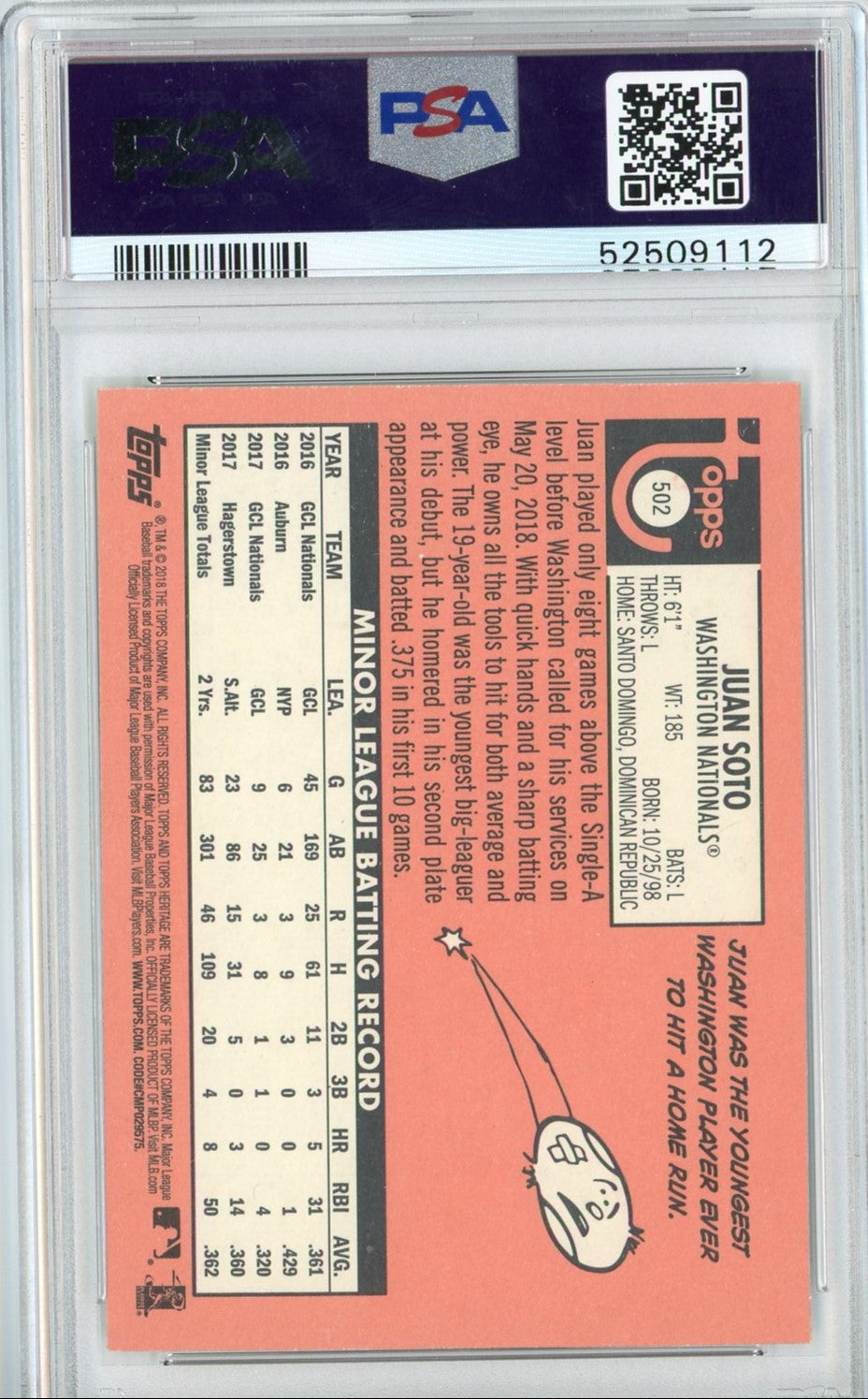 Graded 2018 Topps Heritage Juan Soto #502 Rookie RC Baseball Card PSA 10 Gem Mint