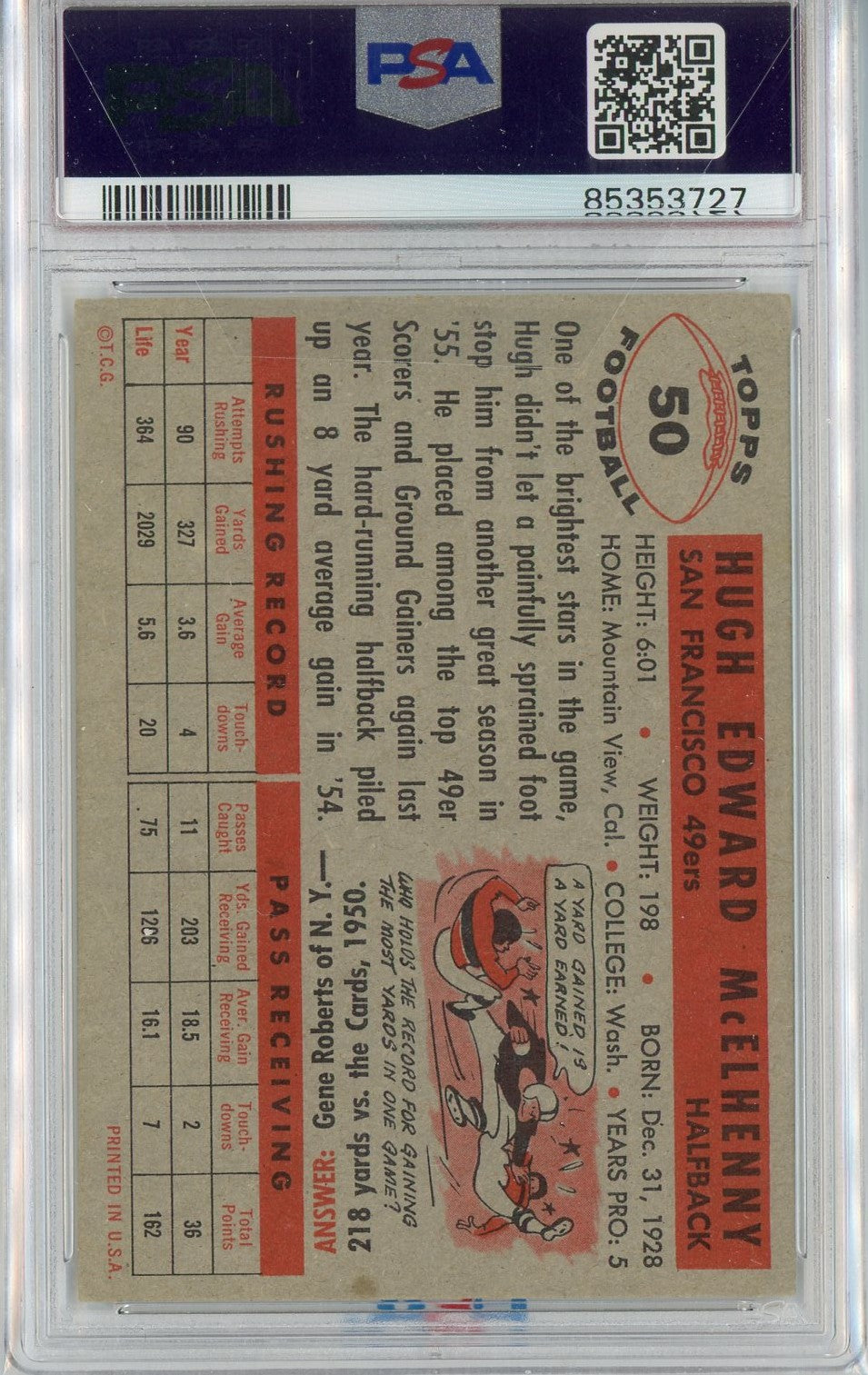 Graded 1956 Topps Hugh McElhenny #50 Football Card PSA 5 Excellent