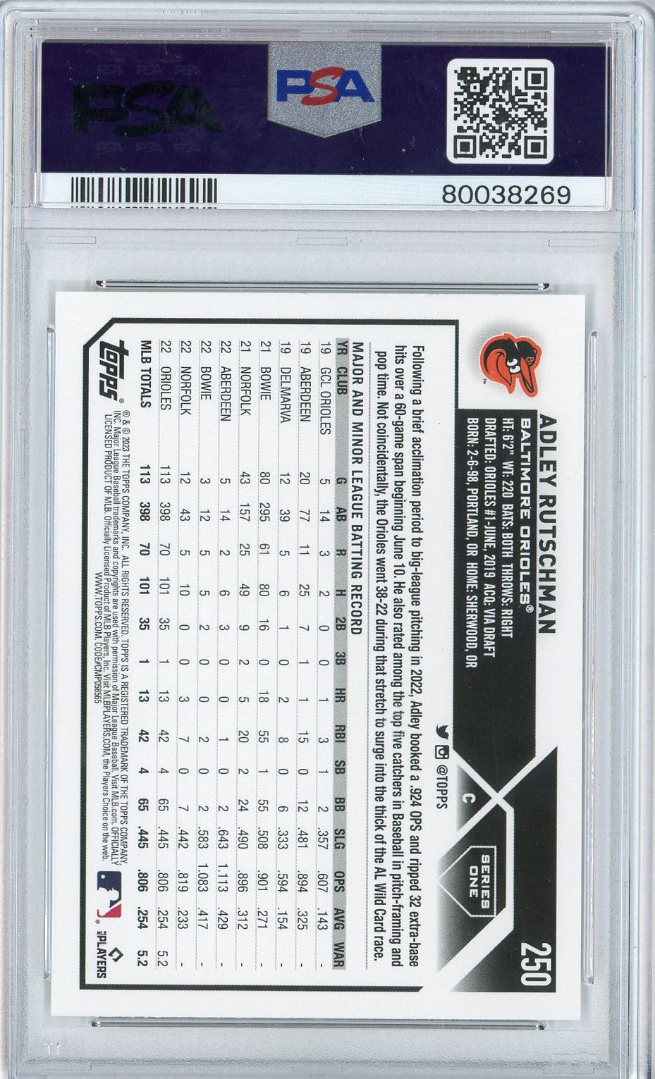 Graded 2023 Topps Adley Rutschman #250 Rookie RC Baseball Card PSA 10 Gem Mint