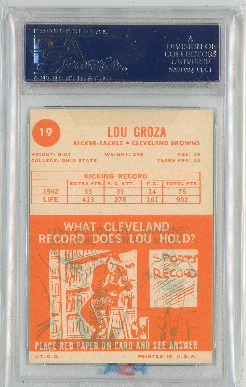 Graded 1963 Topps Lou Groza #19 Football Card PSA 6 EX-MT - Sport Cards