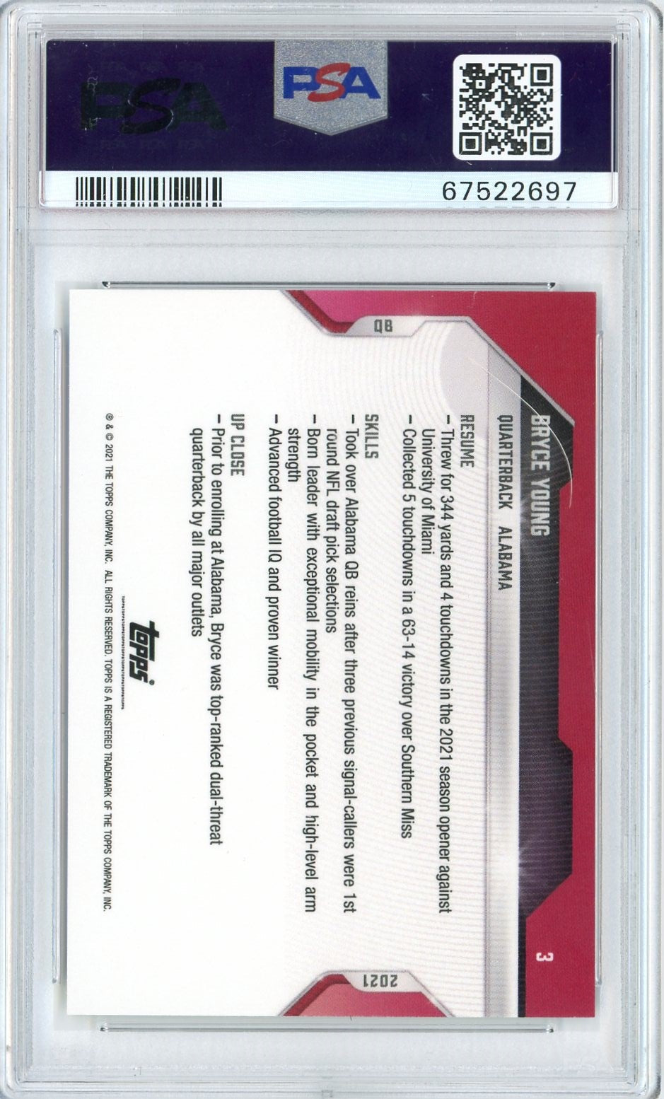 Graded 2021 Bowman Next Bryce Young #3 Rookie RC Football Card PSA 10 Gem Mint