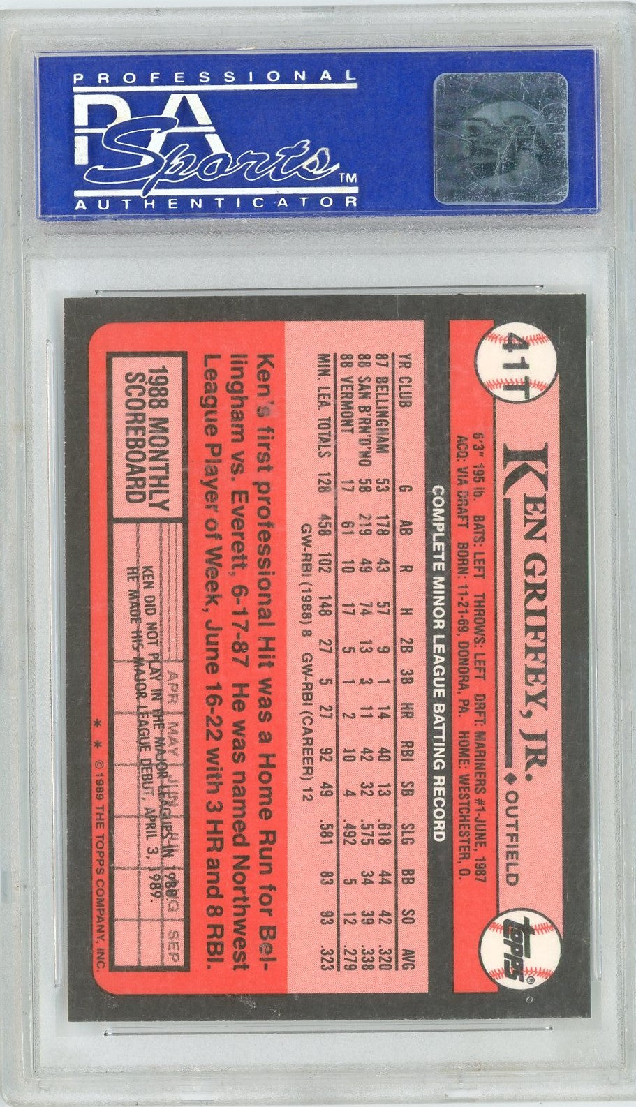 Graded 1989 Topps Traded Ken Griffey, Jr. #41T Rookie RC Baseball Card PSA 9 Mint