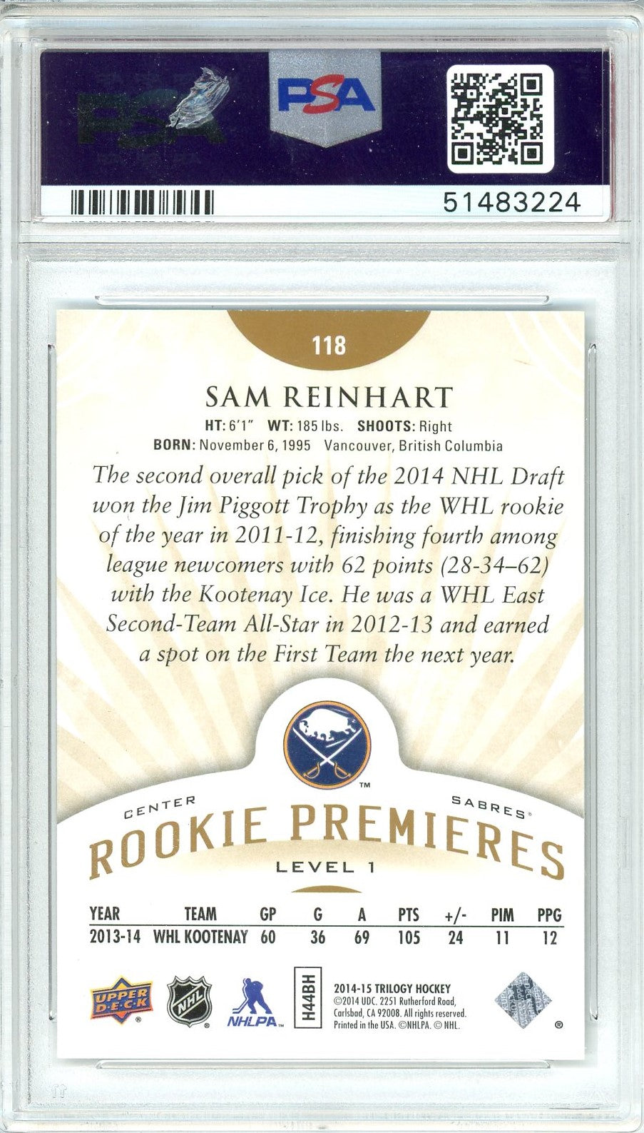 Graded 2014 Upper Deck Trilogy Sam Reinhart #118 Rookie RC Hockey Card PSA 10 Gem Mint