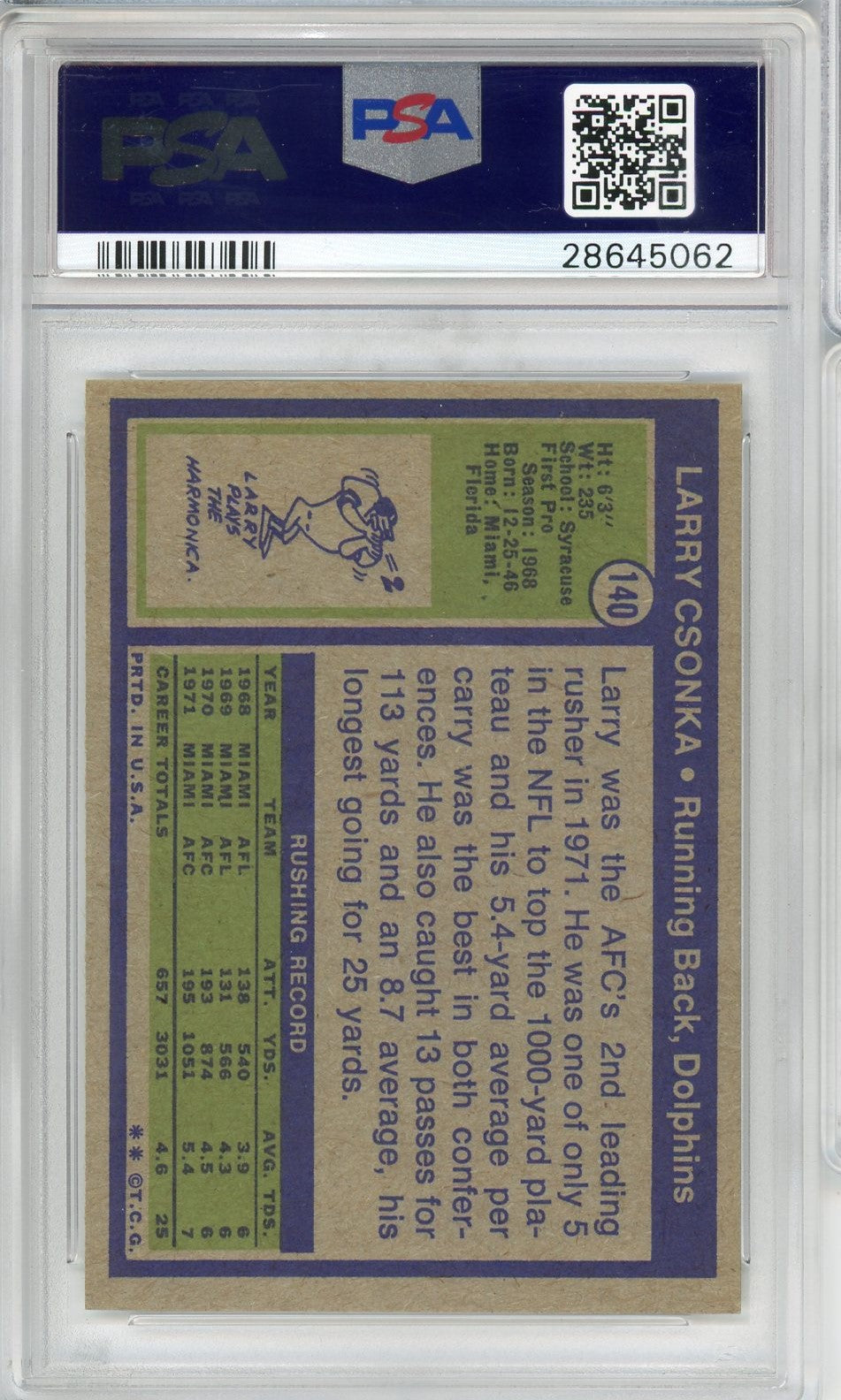 Graded 1972 Topps Larry Csonka #140 Football Card PSA 8 NM-MT