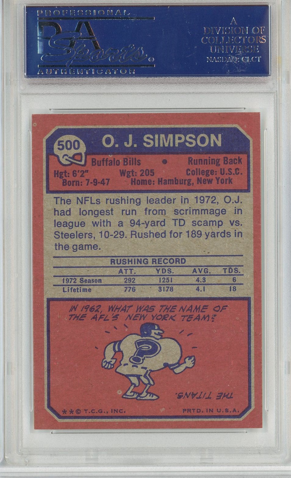 Graded 1973 Topps OJ Simpson #500 Football Card PSA 8 NM-MT
