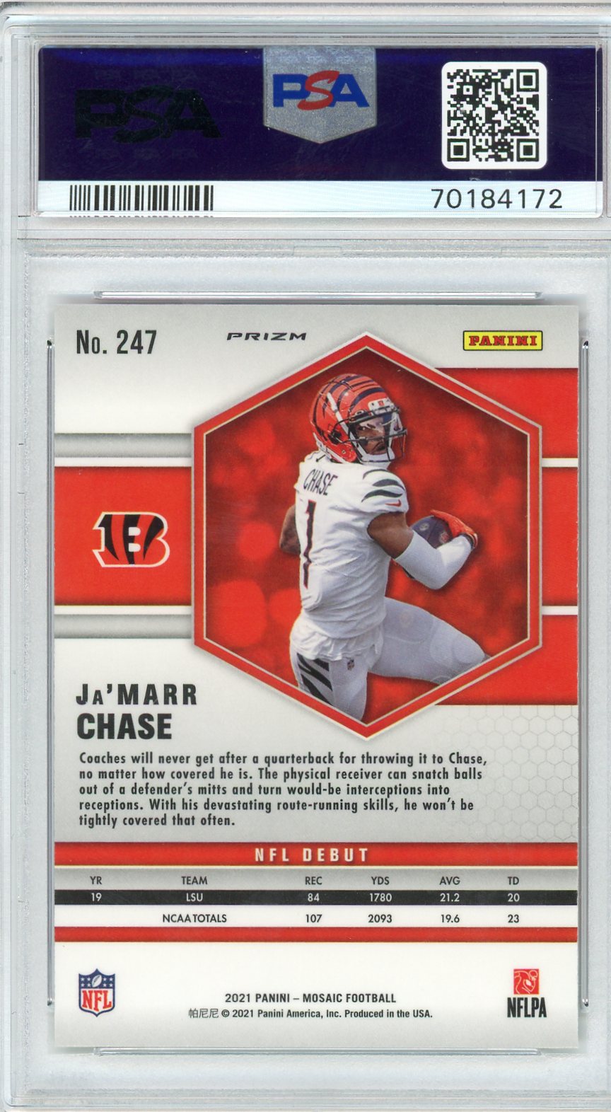 Graded 2021 Panini Mosaic Ja'Marr Chase #247 Reactive Orange Rookie RC Football Card PSA 10 Gem Mint