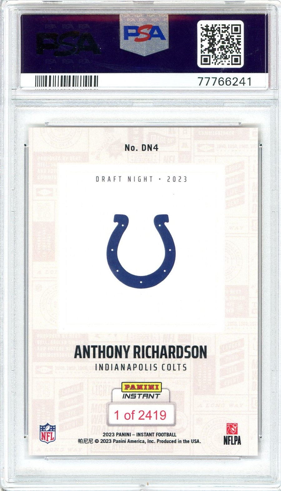 Graded 2023 Panini Instant Anthony Richardson #DN4 NFL Draft Night Rookie RC Football Card PSA 10 Gem Mint