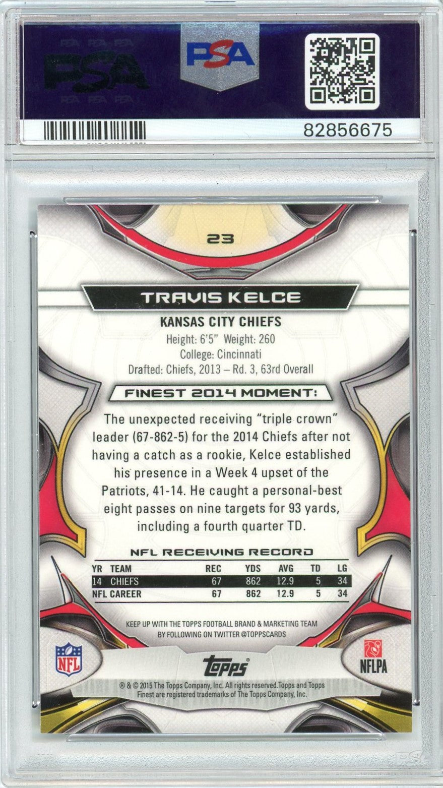 Graded 2015 Topps Finest Travis Kelce #23 Black Refractor Football Card PSA 10 Gem Mint