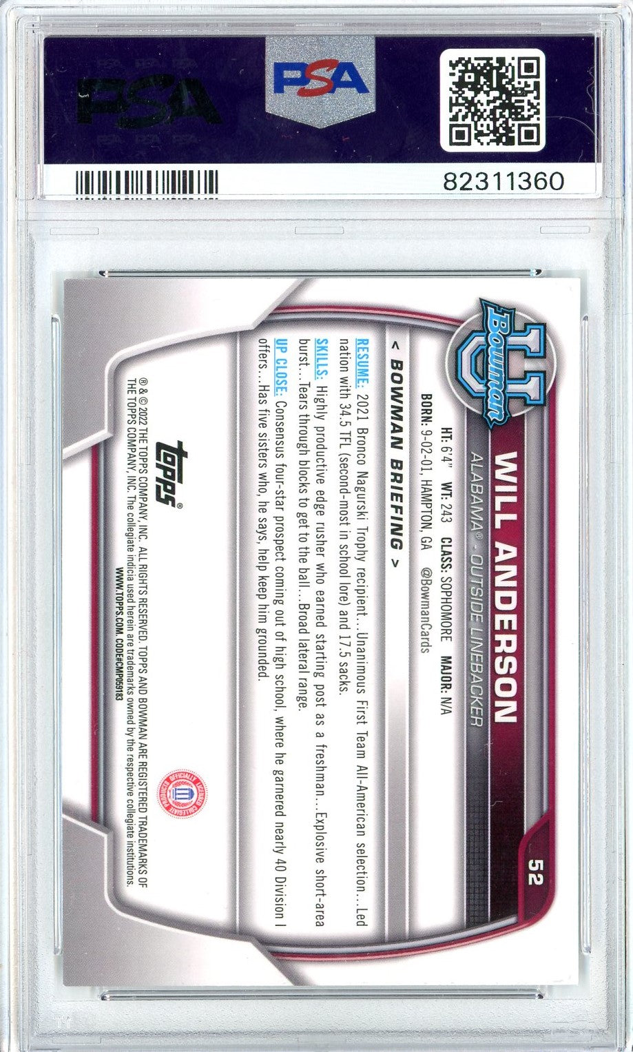 Graded 2022 Bowman University Will Anderson #52 Chrome Prospects Rookie RC Football Card PSA 10 Gem Mint